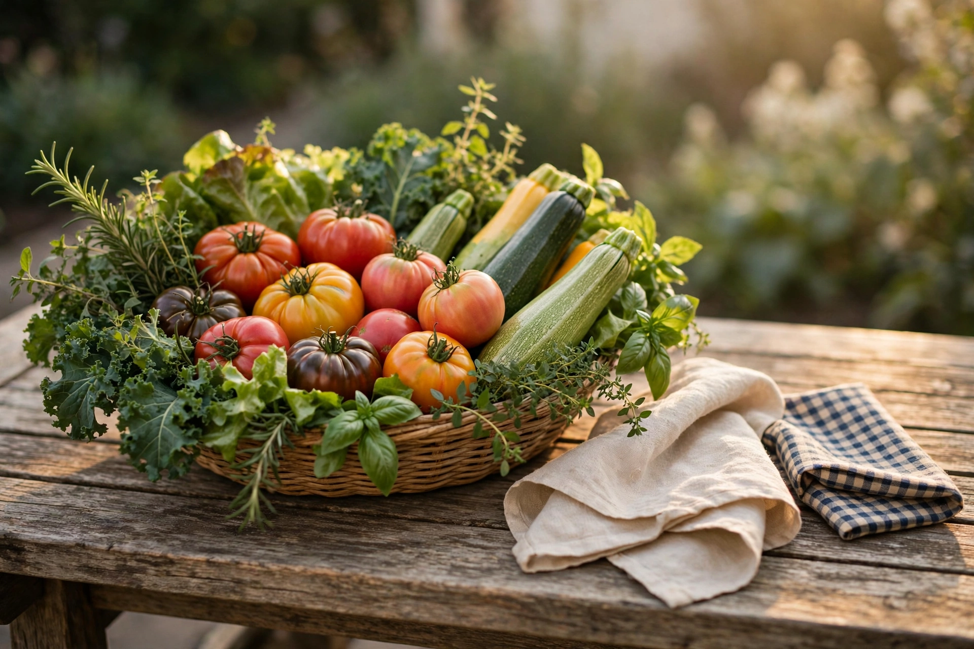 A woven basket of garden tomatoes, zucchini, and herbs on a wooden table beside linen and gingham