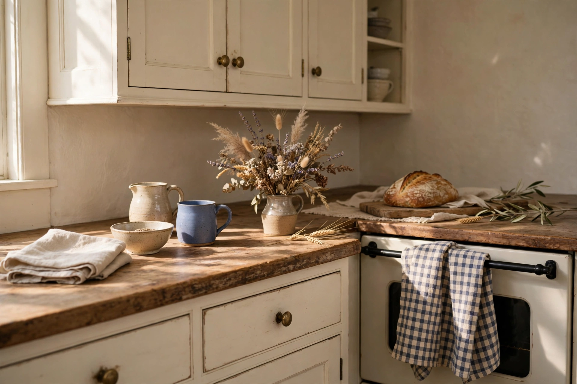 A sunlit farmhouse kitchen with ceramics, fresh bread, and a gingham tea towel on the oven rail