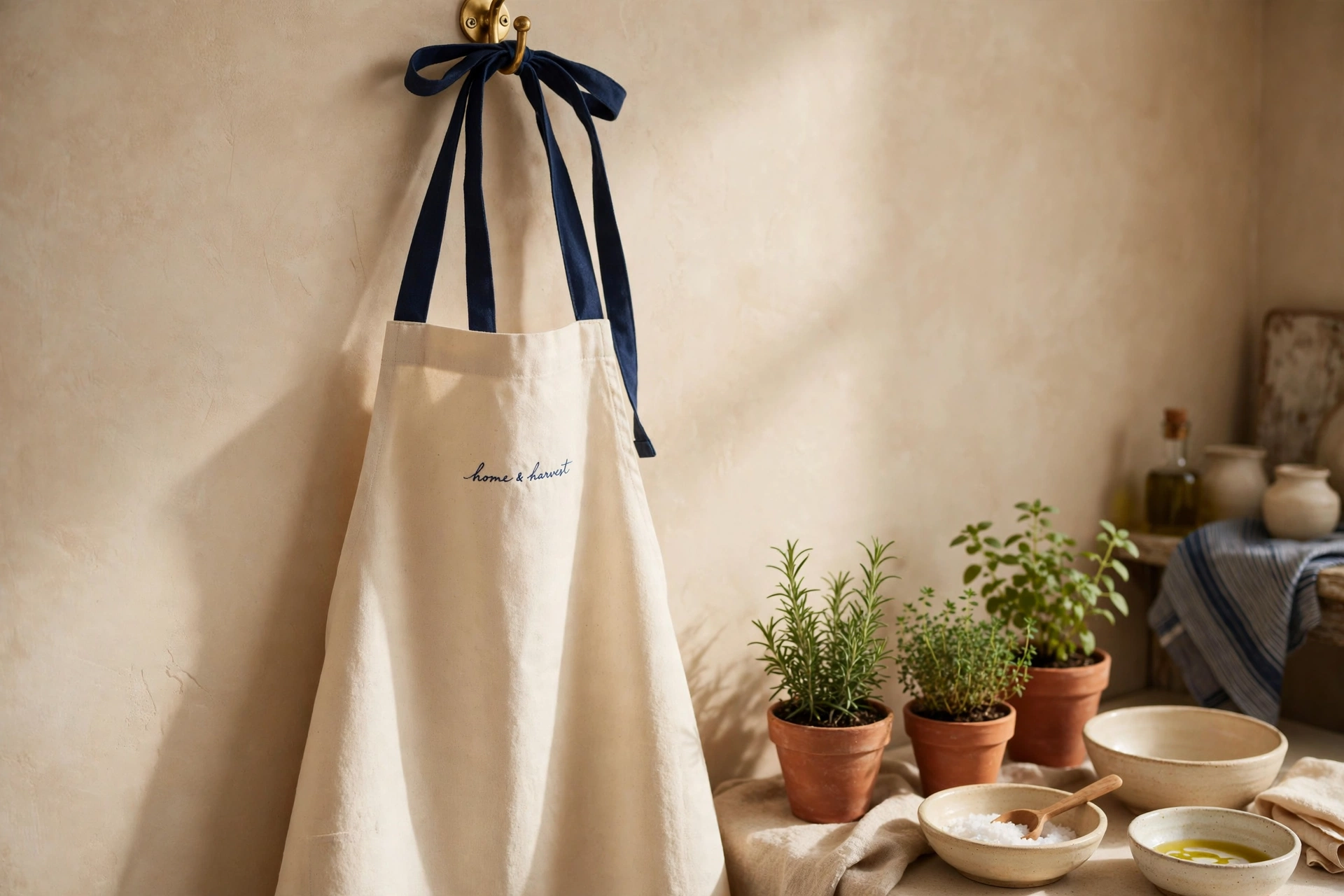 A natural canvas apron with navy ties hanging on a brass hook in a sunlit kitchen
