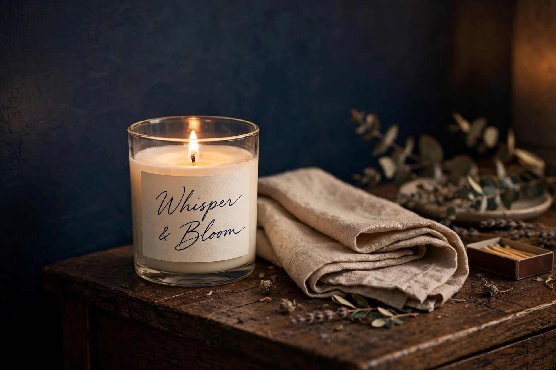 A lit scented candle with a cream label on a wooden table against a deep navy wall
