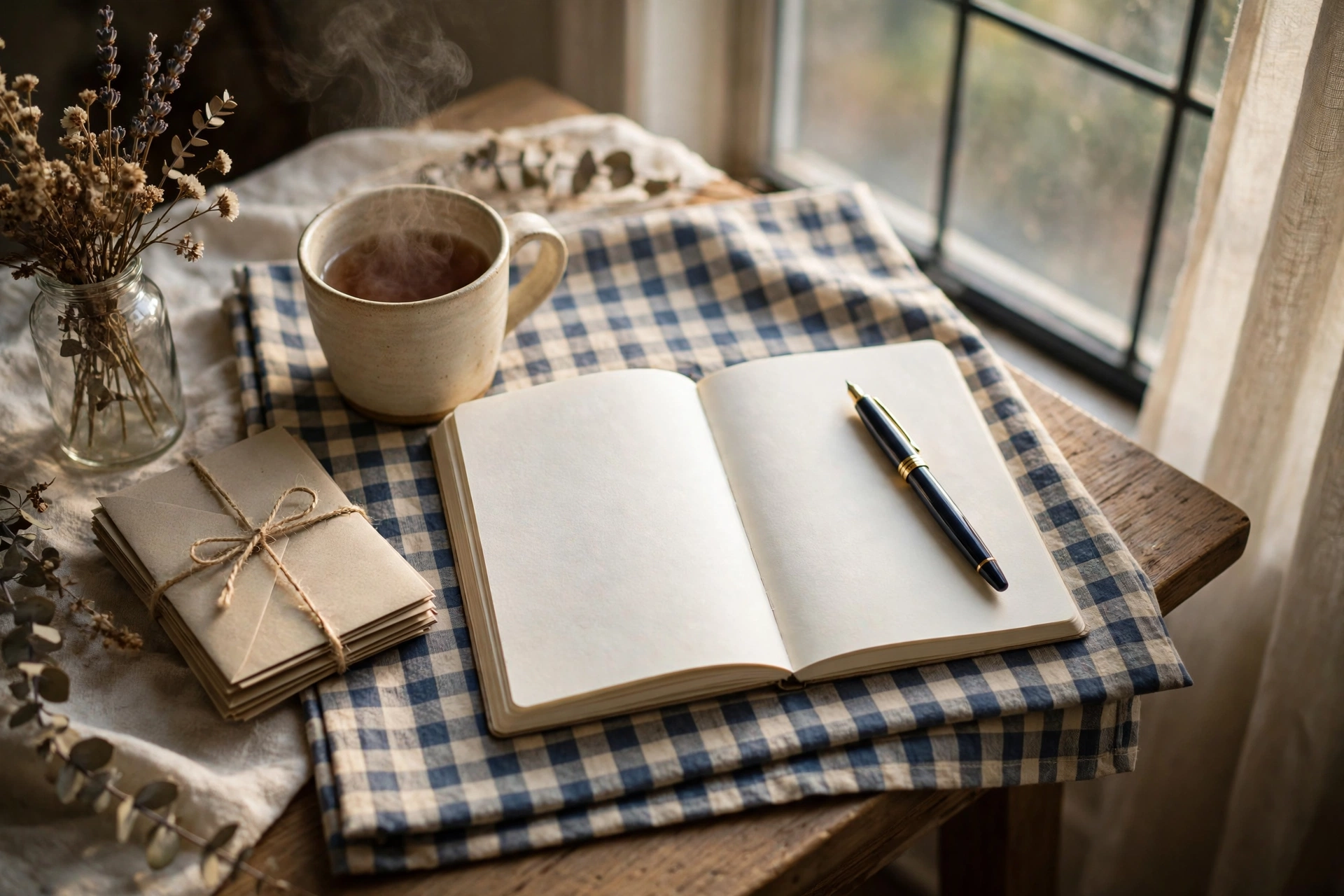 A quiet writing desk by a window — an open journal, a cup of tea, and a folded gingham cloth